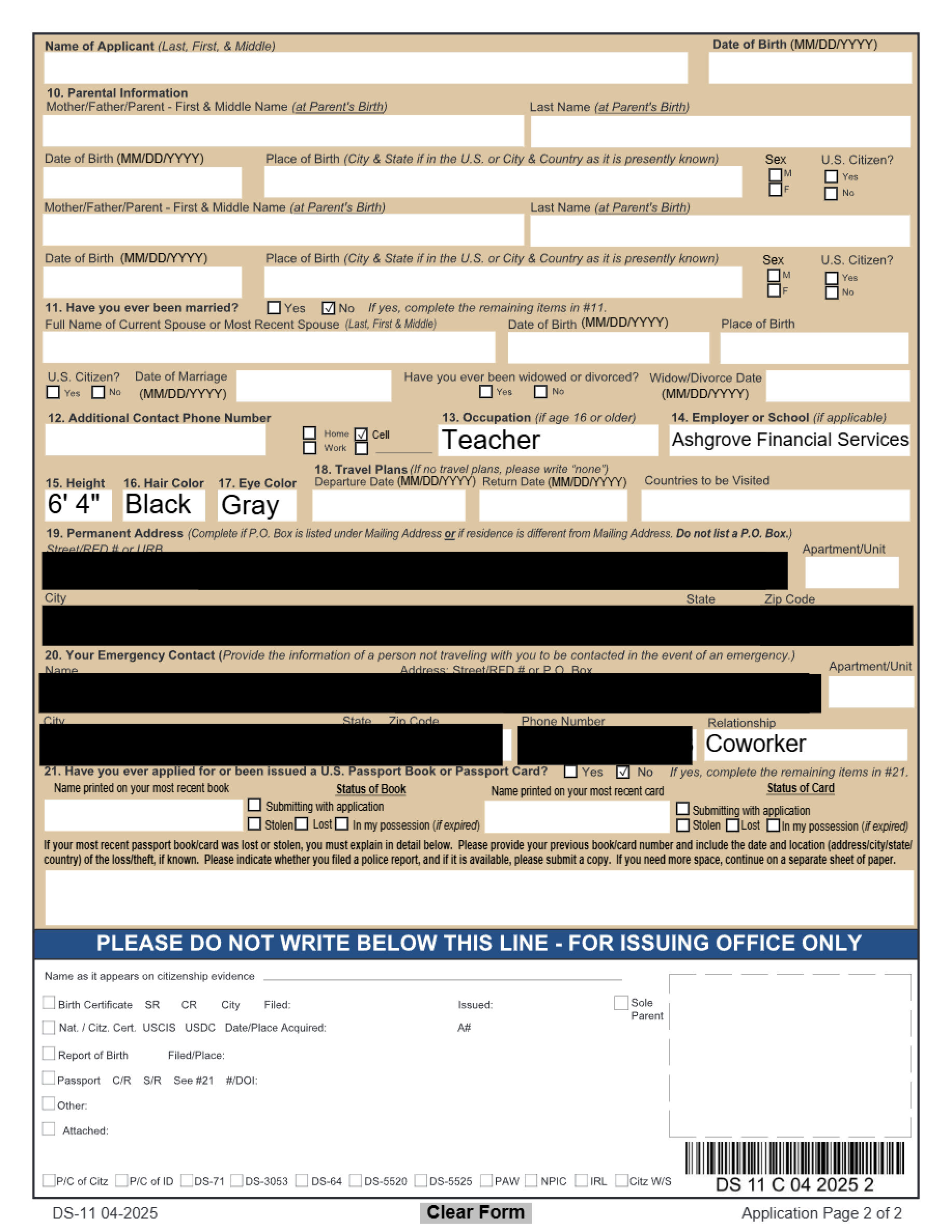 Same passport application page after Power Document automatically redacted the mailing address, city/state/ZIP, and phone number