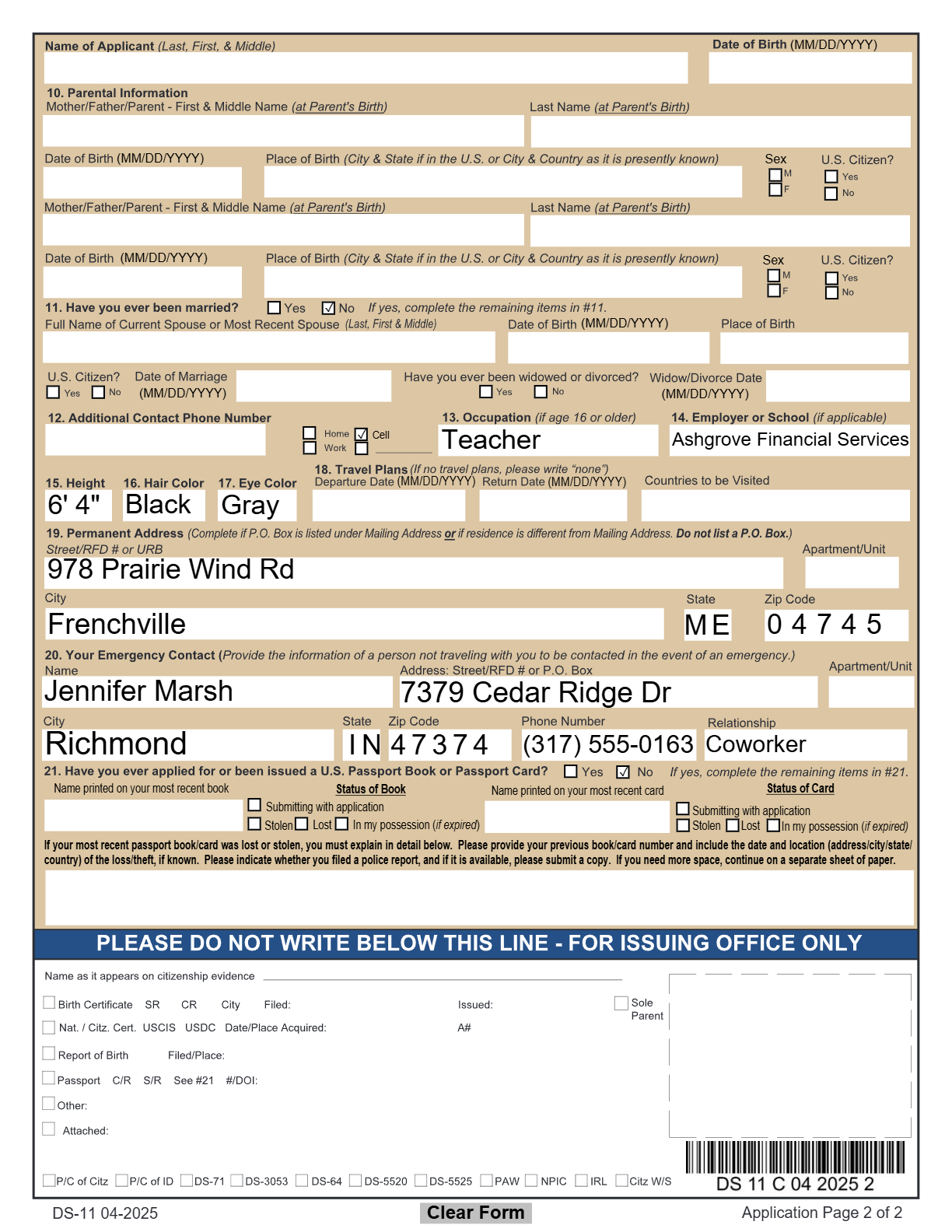Original passport application page showing unredacted mailing address, city/state/ZIP, and phone number