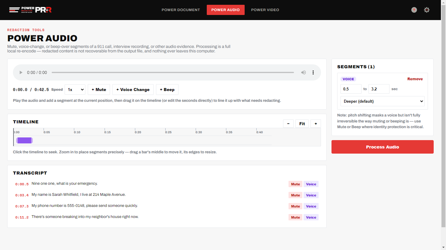 Power Audio transcript and timeline screen