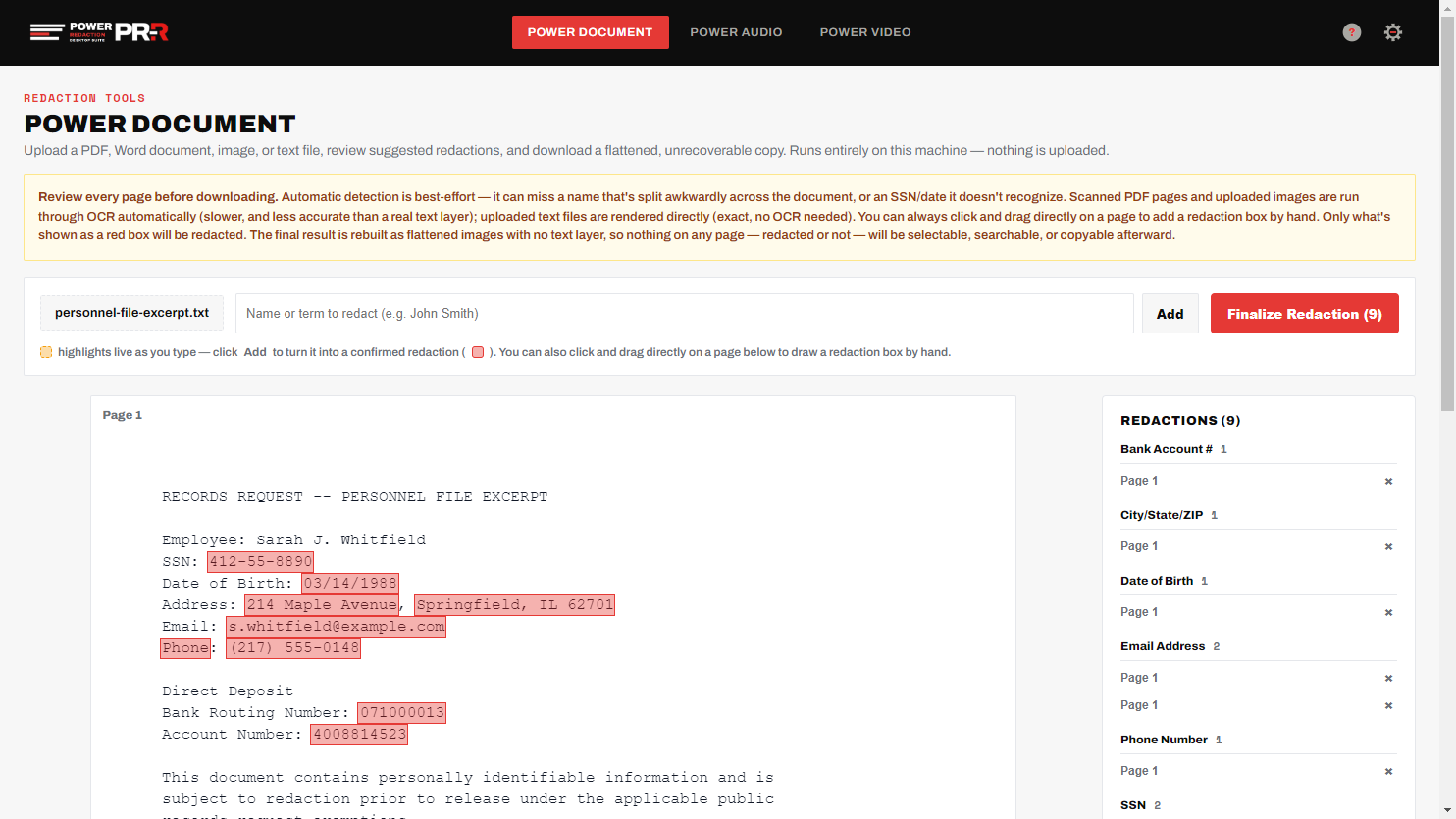 Power Document redaction review screen